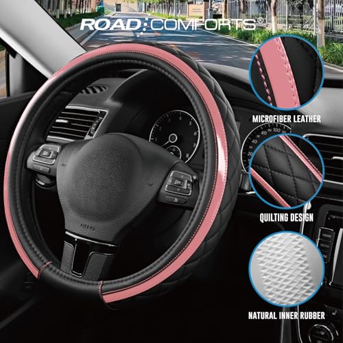 Road Comforts Leather Steering Wheel Cover – Black & Pink, Universal Fit 14.5-15 Inch, Microfiber Leather, Anti-Slip & Breathable Design for Men and Women - color: Light Pink