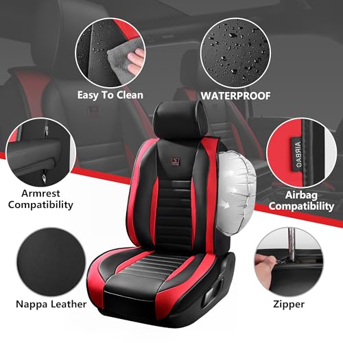 CAR PASS Nappa Leather Car Seat Covers Full Set, Luxury Seat Protector for Cars, Waterproof Anti-Slip Seat Cushion Armrest Compatible Airbag Universal for Sedan SUV Pick-up Truck Auto, Black Red