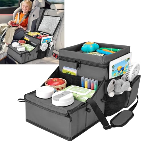 COOLBEBE Car Seat Organizer, Backseat Car Organizer with Cup Holders for Kids and Adults Travel, Cooler Compartment Passenger Seat Organizer Storage Box for Front or Middle Seat, Grey