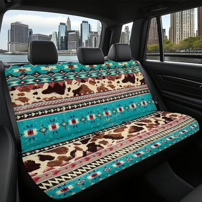 WELLFLYHOM Aztec Print Rear Bench Seat Cover for Cars Truck SUV Universal Car Seat Covers Cow Print Car Accessories Split Back Seat Backrest Protector Set of 2 - color: Aztec Cow Print