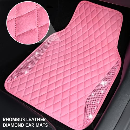 CAR PASS Bling Leather Car Mats Shining Diamond Floor Mats Crystal Rhinestones Sparkly Glitter Carpet Anti-Slip Waterproof Pad Universal Fit for Automotive SUV, Sedan, Van, 5pcs for Girl Women Pink - color: Pink Leather Diamond
