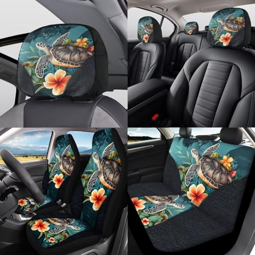Hawaiian Sea Turtle Car Seat Cover Set for Front and Rear Car Accessories Full Set 12 Pcs Steering Wheel Cover Armrest Pad Gear Shift Cover Headrest Covers Universal Fit - color: Hawaiian Sea Turtle