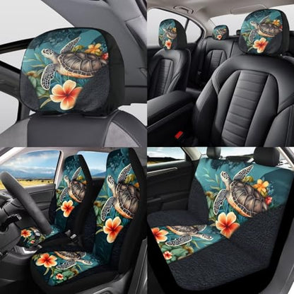 Hawaiian Sea Turtle Car Seat Cover Set for Front and Rear Car Accessories Full Set 12 Pcs Steering Wheel Cover Armrest Pad Gear Shift Cover Headrest Covers Universal Fit - color: Hawaiian Sea Turtle