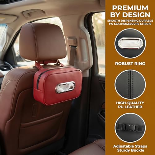 Compact Car Tissue Holder – Premium PU Leather Tissue Box, Fits 100 Sheets, Black Car Storage Organizer for Seat/Headrest/Center Console/Visor (Red) - color: Red