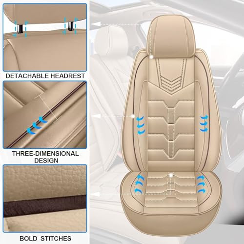 Seat Covers Fit for Nissan Pathfinder 2011-2024 2025 2026 2PCS Front Car Seat Covers Faux Leather Seat Cushion Waterproof Auto Protectors(Beige)-2 Front Seat Covers