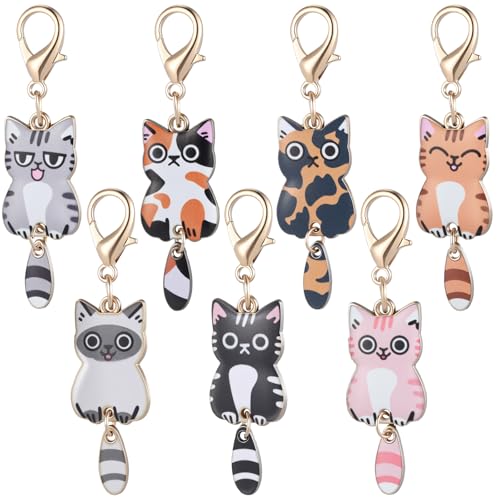 7 Pcs Cat Keychain, Cute Cats Charms, Kawaii Cat Key Chains, Kitty Keyring, Cats Accessories for Women Car Keys Purse Handbags Girls Women Gift DIY Crafts (Tail Can Wag)