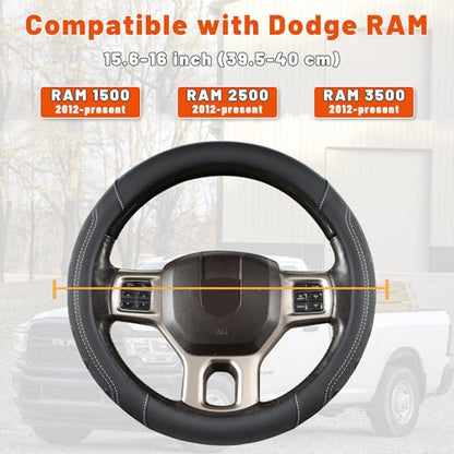 GIANT PANDA Car Steering Wheel Cover for RAM 1500 2500 3500, Compatible with Dodge RAM 15.5-16 inches - Black+Gray Line - color: A-Black+Gray Trim