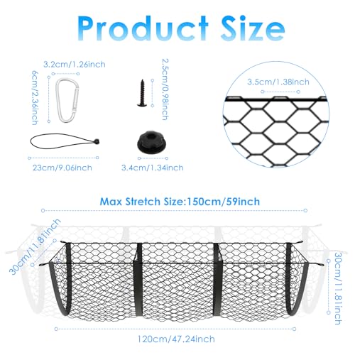 3 Pocket Truck Bed Cargo Net, Upgrade Stretchable Elastic Trunk Bed Organizer for SUV, Car, Pickup Truck Bed, Universal Pickup Mesh Storage Net 47.2" x 11.8" with 4 Ball Bungees