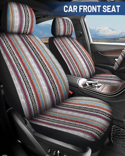 Baja Saddle Blanket Car Seat Covers Full Set with Seat Belt Pads and Steering Wheel Cover, Washable Breathable Striped Woven Cloth Seat Covers for Cars, SUV, Truck, Large Size(Red) - color: Red, size: Full Set
