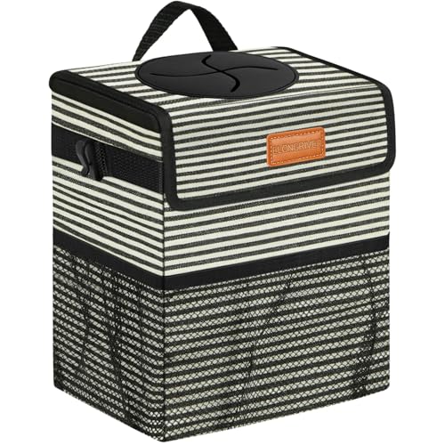 ELONGRIVER Car Trash Can for Car with Lid, Car Organizer Can Trash Bag Hanging Leak Proof Vehicle Trash Can (Stripe Print, 2 Gallons) - color: Stripe Print, size: 2 Gallons