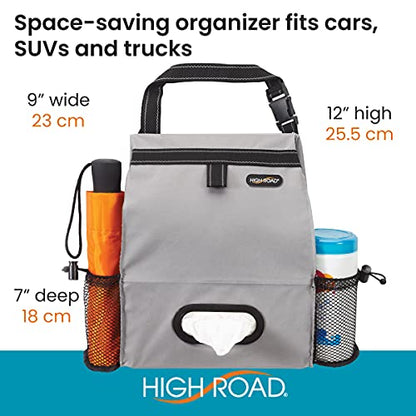 High Road Car Organizer with Car Trash Bin and Tissue Holder - Holds Full Size Tissue Box, Bottles and Wipe Containers - 2 Gal Leakproof Covered Trash Can with Push-Close Lid - color: Gray