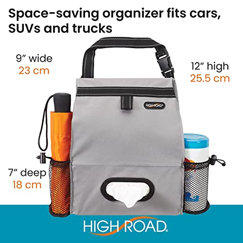 High Road Car Organizer with Car Trash Bin and Tissue Holder - Holds Full Size Tissue Box, Bottles and Wipe Containers - 2 Gal Leakproof Covered Trash Can with Push-Close Lid - color: Gray
