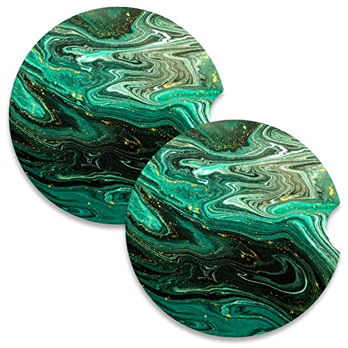Car Coasters for Cup Holders, 2 Pack Absorbent Ceramic Car Cup Holder Coaster for Drinks, Cute Auto Assecories for Women Men, Size 2.56 in with Finger Notch & Cork Base, Green Gilt Marble - color: Green Gilt Marble