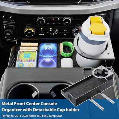 All Metal Front Center Seat Headrest Organizer Compatible with 2011-2025 2026 Ford F150 F250 F350 F450 F550 F650 Accessories, Compartment Tray Container Storage Box with Cup Holder(Jump Seat Only) - style: Organizer with Cup Holder