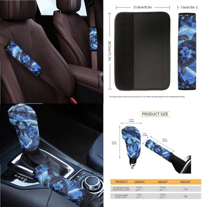 Wanyint Sea Turtle Blue 14 PCS Car Seat Covers Set, Auto Seat Protector with Steering Wheel Cover Seat Belt Pads Garbage Bag Armrest Cover Handbrake Cover Set Rear View Mirror Protector Coasters - color: Sea Turtle Hibiscus Blue