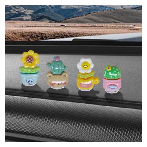 Craedli 4PCS Cute Potted Plant Car Dashboard Decorations, Resin Flower Pot Car Rear View Mirror Ornament, Mini Cactus Vehicle Center Screen Decoration Accessories for Home Office Desk(Flower&Cactus) - size: Flower&Cactus