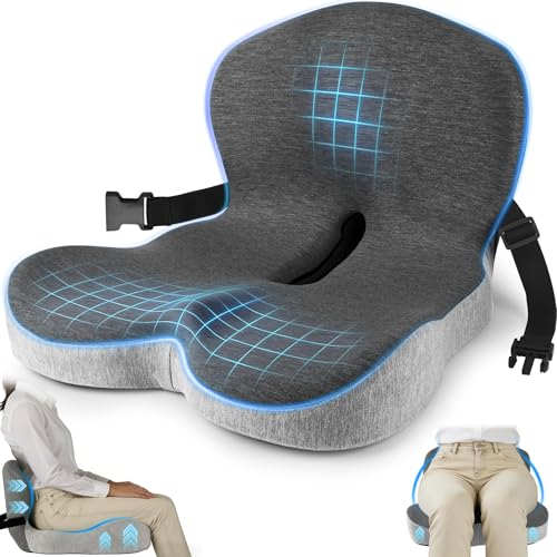 Truck Seat Cushion, Memory Foam Trucker Seat Cushion for Truck Driver Long Sitting with Adjustable Strap, Back Support and Pain Relief for Trucker Driving Car Office Chair and Pain - color: Dark Gray+light Gray