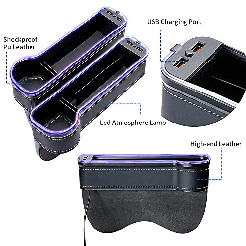 2 Pack Car Seat Gap Organizer,Multifunctional Seat Gap Storage Box with USB Fast Charger, Car Seat Pockets with Led Light, Car Seat Gap Filler with Cup Holder (Black)