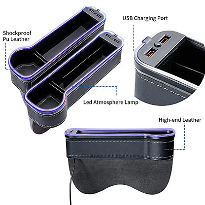 2 Pack Car Seat Gap Organizer,Multifunctional Seat Gap Storage Box with USB Fast Charger, Car Seat Pockets with Led Light, Car Seat Gap Filler with Cup Holder (Black)