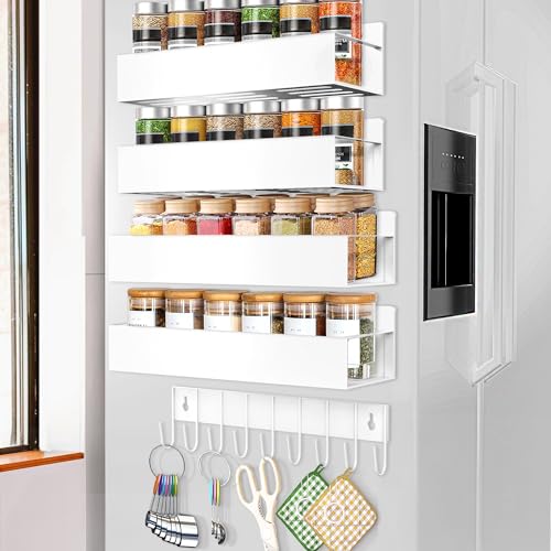 Magnetic Spice Rack Organizer for Fridge Seasoning Organizer for Kitchen storage with Screw Magnetic Shelf with Hook for Refrigerator and Oven (4pack1hook-White) - color: 4pack1hook-White