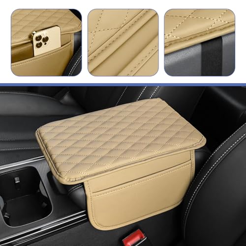 Car Center Console Cover, Upgrade Soft Skin-friendly Leather Arm Rest Cover for Car, Universal Anti-slip Scratch-resistant Armrest Mat with Side Storage Bags, for Trucks, Cars, SUVs (Beige) - color: Beige
