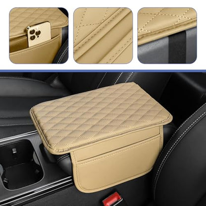 Car Center Console Cover, Upgrade Soft Skin-friendly Leather Arm Rest Cover for Car, Universal Anti-slip Scratch-resistant Armrest Mat with Side Storage Bags, for Trucks, Cars, SUVs (Beige) - color: Beige