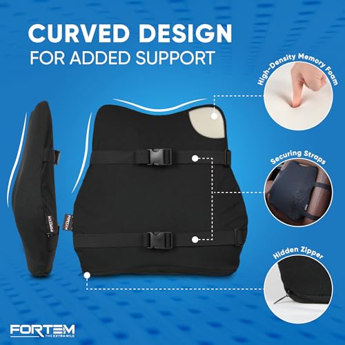 FORTEM Car Seat Cushion and Back Support Pillow, Memory Foam Car Wedge Cushion, Comfort Back Rest and Lumbar Support for Driving, Non Slip Seat Pad, Adjustable Straps, Washable Cover - size: XL (Combo)