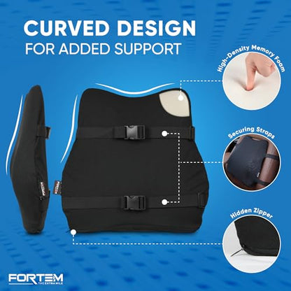 FORTEM Car Seat Cushion and Back Support Pillow, Memory Foam Car Wedge Cushion, Comfort Back Rest and Lumbar Support for Driving, Non Slip Seat Pad, Adjustable Straps, Washable Cover - size: XL (Combo)