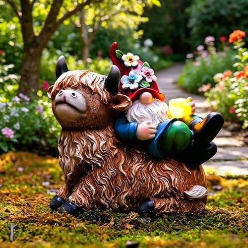Pohabery Garden Gnomes Decor Outdoor Statues, Gnome on Highland Cow with Solar Cup Light, Patio Yard Decor, Gift for Mom Women Garden Lovers（M - color: Highland Cow-M