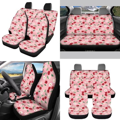 Horeset Daisy Cherry 11 Pieces Car Seat Cover with Headrest Cover Cup Coasters Handbrake Gear Shift Sleeve and Lanyaeds Key Chain Universal Fit Most Cars SUV Van Sedan - color: Daisy Cherry