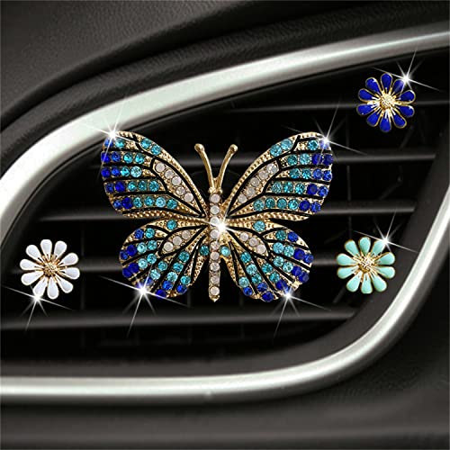 Bling Butterfly Car Clip Decor Interior，Cute Car Vent Clips Dashboard Decorations, Car Accessories Air Aromatherapy Vent Clip,Car Air Freshener Vent Clips, Rhinestone Car Accessories for Girls Womens Car Interior Decoration Cute Set (Blue Butterfly + 3 PC