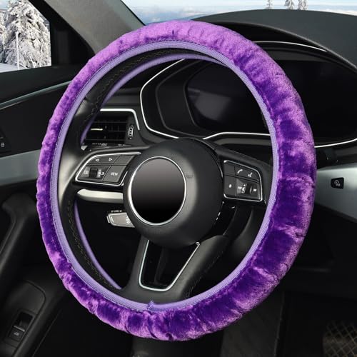 ZHOL Fluffy Steering Wheel Cover, Universal 15 Inch Elastic Plush Softy Steering Wheel Cover for Women Girls, Anti-Slip, Odorless, Winter Warm, Purple - color: Solid-color Purple