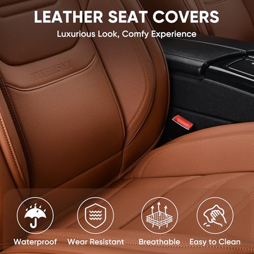 TIEHESYT Car Seat Covers Full Set, Breathable Leather Automotive Front and Rear Seat Covers & Headrest for Reduce The Driving Fatigue, Compatible with Most Vehicles, Cars (Brown, Front Pair) - color: Mature Brown, size: Front Pair