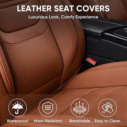 TIEHESYT Car Seat Covers Full Set, Breathable Leather Automotive Front and Rear Seat Covers & Headrest for Reduce The Driving Fatigue, Compatible with Most Vehicles, Cars (Brown, Front Pair) - color: Mature Brown, size: Front Pair