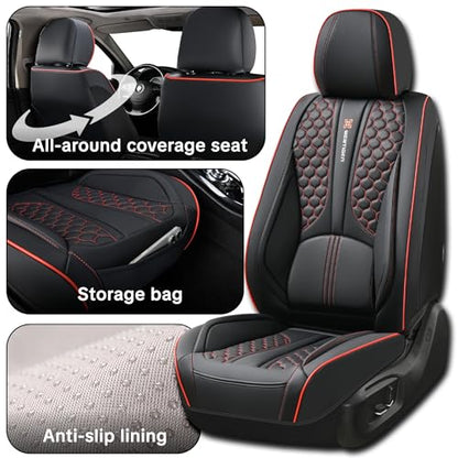 for Nissan Rogue 2008-2026 Car Seat Covers, Red Edge Car Seat Covers, Premium Leather, 5 Seats Full Set, Waterproof, Anti-Slip, Protect and Upgrade Seats, Beautify the Interior of Old Cars - color: Luxury_Black and Red Edge
