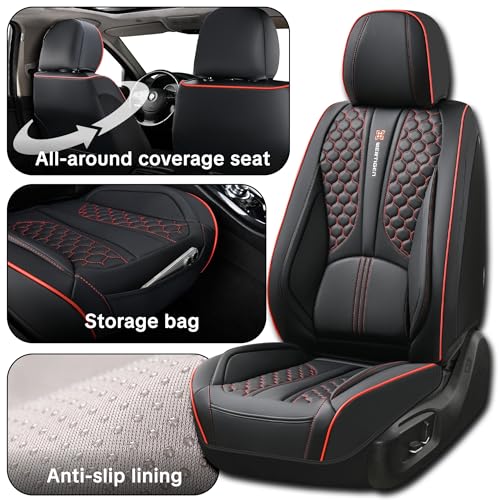 Black and Red Leather Car Seat Cover Set, with Lumbar Support | OEM-Inspired Interior Upgrade - color: A_Red Edge