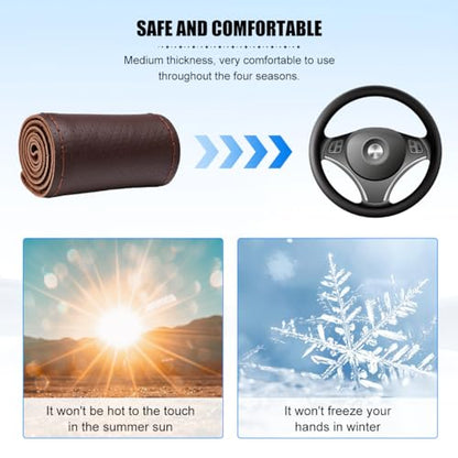 Genuine Leather Car Steering Wheel Cover, DIY Sewing Stitch on Wrap Auto Wheel Cover with Needle Thread, Breathable Anti-Slip Vehicle Steering Stitching Protector, Universal Fit (Coffee) - color: Coffee