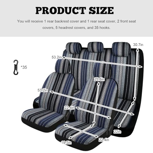 9PCS Baja Saddle Blanket Car Seat Covers, Front Set Breathable Washable Seat Covers with Seatbelt Pad, Striped Woven Cloth Airbag Compatible Seats Protector for Most Vehicles (Blue Stripe) - color: Blue Stripe, 9PCS