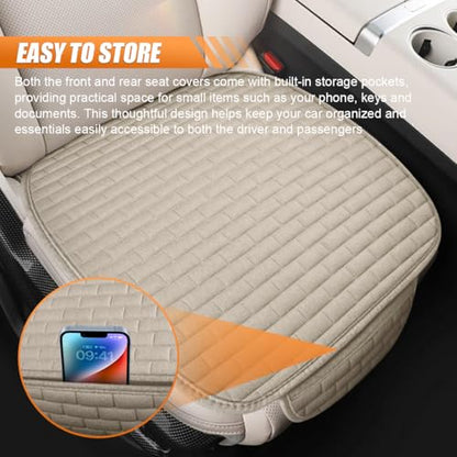 Car Front Seat Cover, Breathable Linen Automotive Seats Cushion, Anti-Slip Vehicle Seat Pad with Storage Pocket, Universal Auto Seats Protection Mat (BeigeSg)