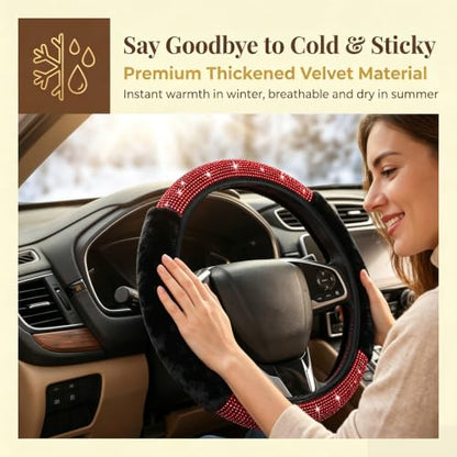 Bling Steering Wheel Cover for Women Girls, Red Rhinestone Diamond Sparkling Fur Fluffy Steering Wheel Accessories Elastic Steering Wheel Covers Winter Warm Universal Fit 14-15 inches - color: Red
