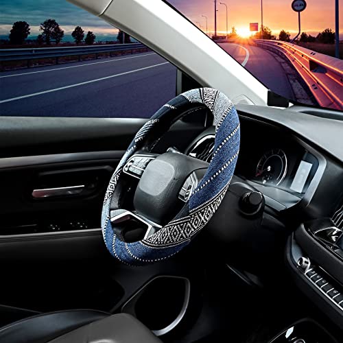 Valleycomfy Cloth Steering Wheel Covers for Women Bohemian Universal 15 inch Baja Blanket Enthic Blue - color: ClothD