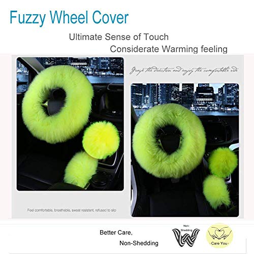Car Steering Wheel Cover Gear Shift Handbrake Fuzzy Cover 1 Set 3 Pcs Multi-Colored with Winter Warm Pure Wool Fashion for Girl Women Ladies Universal Fit Most Car (Grass Green)