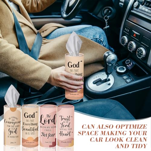 Outus 12 Pack Christian Car Tissues Cylinder Holder with Facial Tissue Bulk Round Bible Verses Napkins Container for Car Home Travel Prayer Church Gifts, 6 Designs - style: Christian
