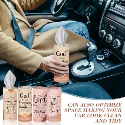 Outus 12 Pack Christian Car Tissues Cylinder Holder with Facial Tissue Bulk Round Bible Verses Napkins Container for Car Home Travel Prayer Church Gifts, 6 Designs - style: Christian