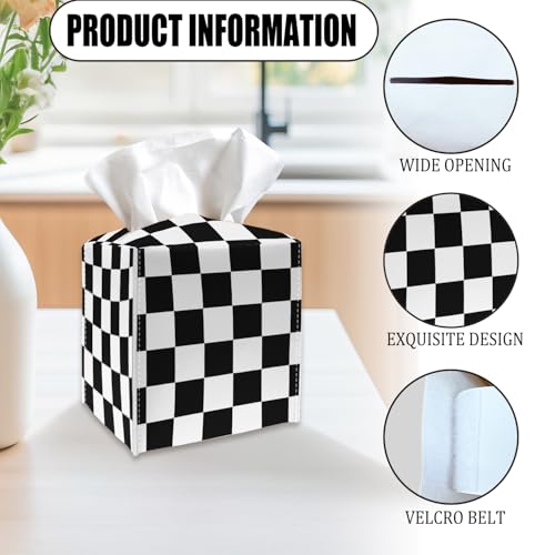 Tissue Box Cover Holder - Black and White Checkerboard PU Leather Tissue Box Cover with Bottom Belt, Square Facial Paper Organizer for Tabletop, Bathroom, Kitchen, Car & Office -049 - color: Black and White Checkerboard