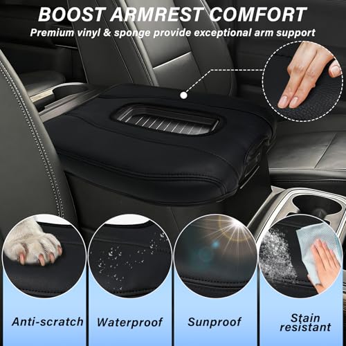 Center Console Armrest Cover Compatible with Chevy Silverado GMC Sierra 2019-2026, Tahoe Yukon Suburban 2021-2026, Scratch Resistant Vinyl Leather, Black (Black)