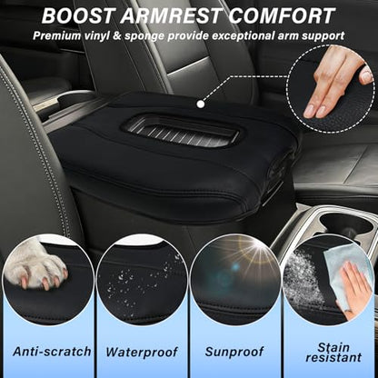 Center Console Armrest Cover Compatible with Chevy Silverado GMC Sierra 2019-2026, Tahoe Yukon Suburban 2021-2026, Scratch Resistant Vinyl Leather, Black (Black)