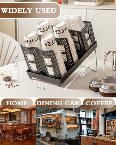 Coffee Cup Holder Organizer Unbreakable 2-IN-1 Paper Cup and Lid Holder with Straw Organizer Adjustable Paper Cup Holder for Countertop Coffee Station Bar Restaurant Breakroom Kitchen Office