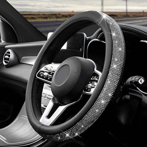 Diamond Leather Steering Wheel Cover, 15 Inch Bling Crystal Rhinestone Anti-Slip Wheel Protector, Universal Sparkling Elegant Diamond Steering Wheels Cover for Women Girl (Black) - color: Black