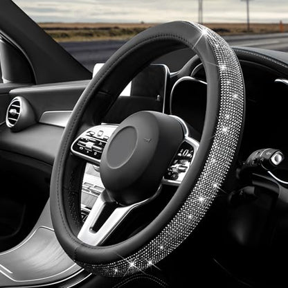 Diamond Leather Steering Wheel Cover, 15 Inch Bling Crystal Rhinestone Anti-Slip Wheel Protector, Universal Sparkling Elegant Diamond Steering Wheels Cover for Women Girl (Black) - color: Black